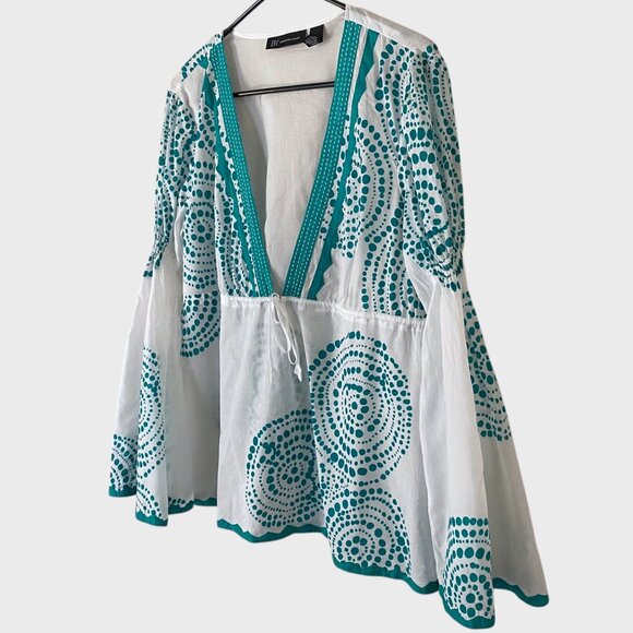 INC International Concepts Boho V-Neck Blouse Women's 14 Dot Print Bell Sleeves - Picture 2 of 10